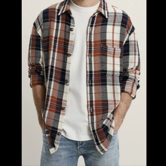 ZARA Mens Size XL Textured Plaid Relaxed Fit Shirt Shaket Burnt Orange Brown - Picture 1 of 11